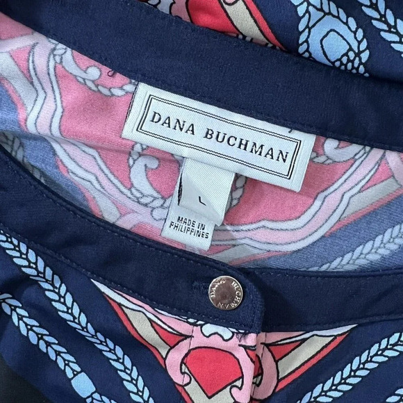 Dana Buchman Button Up Silky Cardigan Polka Dot Gold Buttons Navy White Tan - Picture 7 of 7